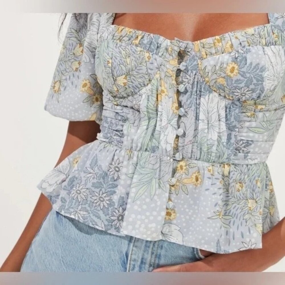 Astr Floral Print Blouse in Blue and Yellow